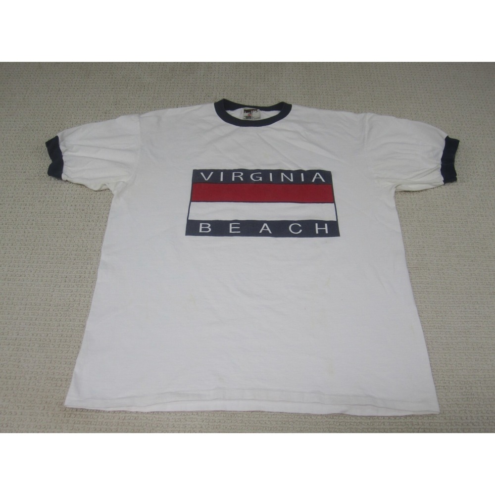 VTG Virginia Beach Shirt Mens XL White Blue Graphic Print Logo Short Sleeve